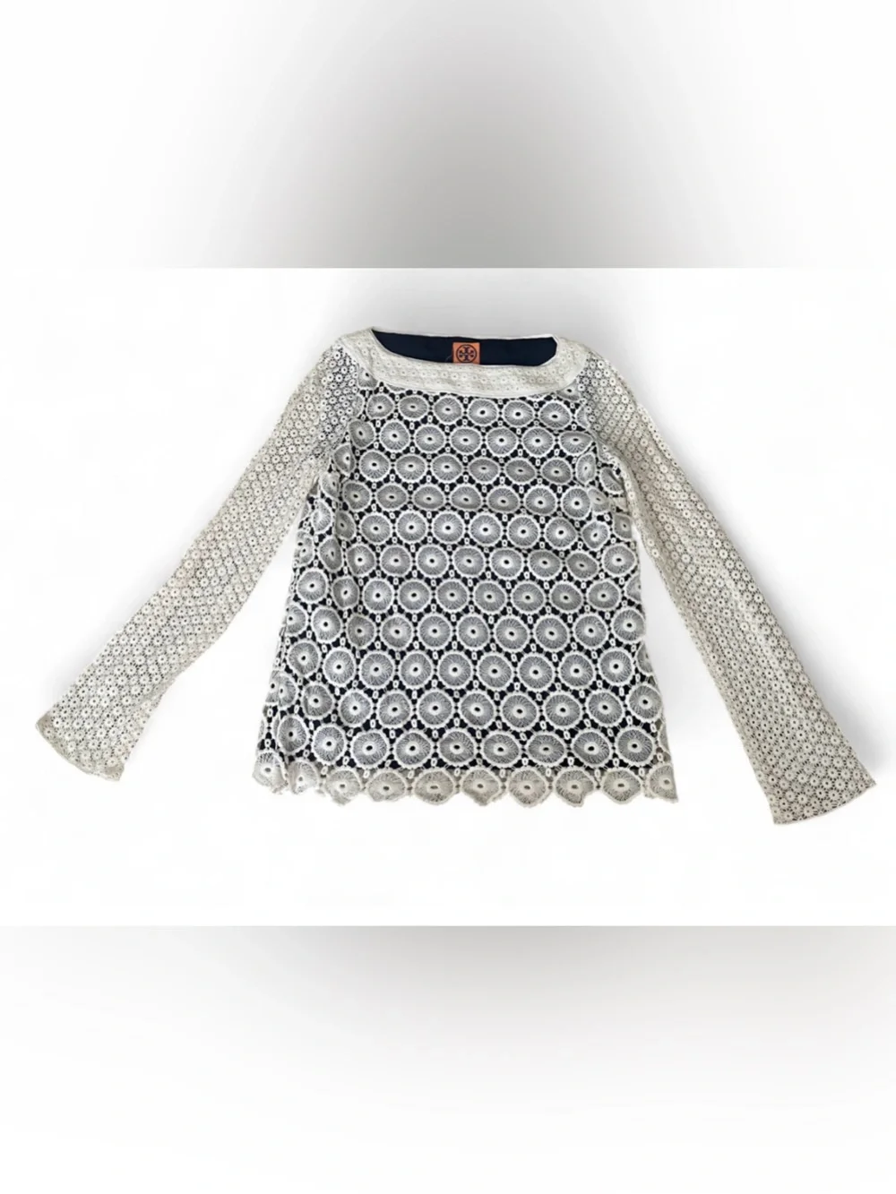 Tory Burch Janeen Crochet Long Sleeve Cream and Navy Top
